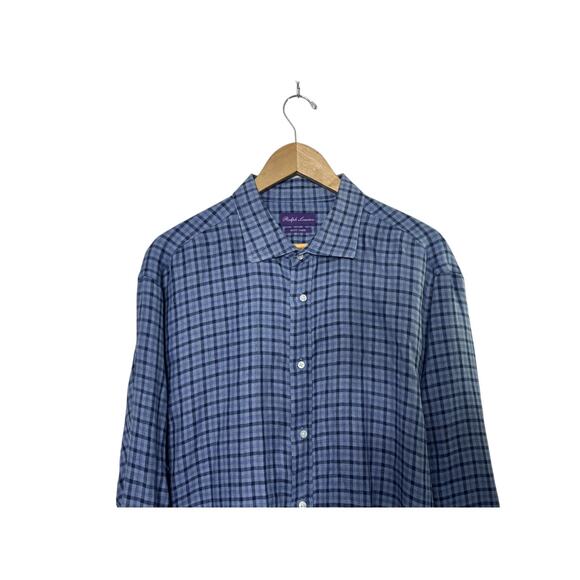Ralph Lauren Purple Label Easy Care Blue Check Linen Button-Up Shirt Men's XXL - Picture 2 of 6